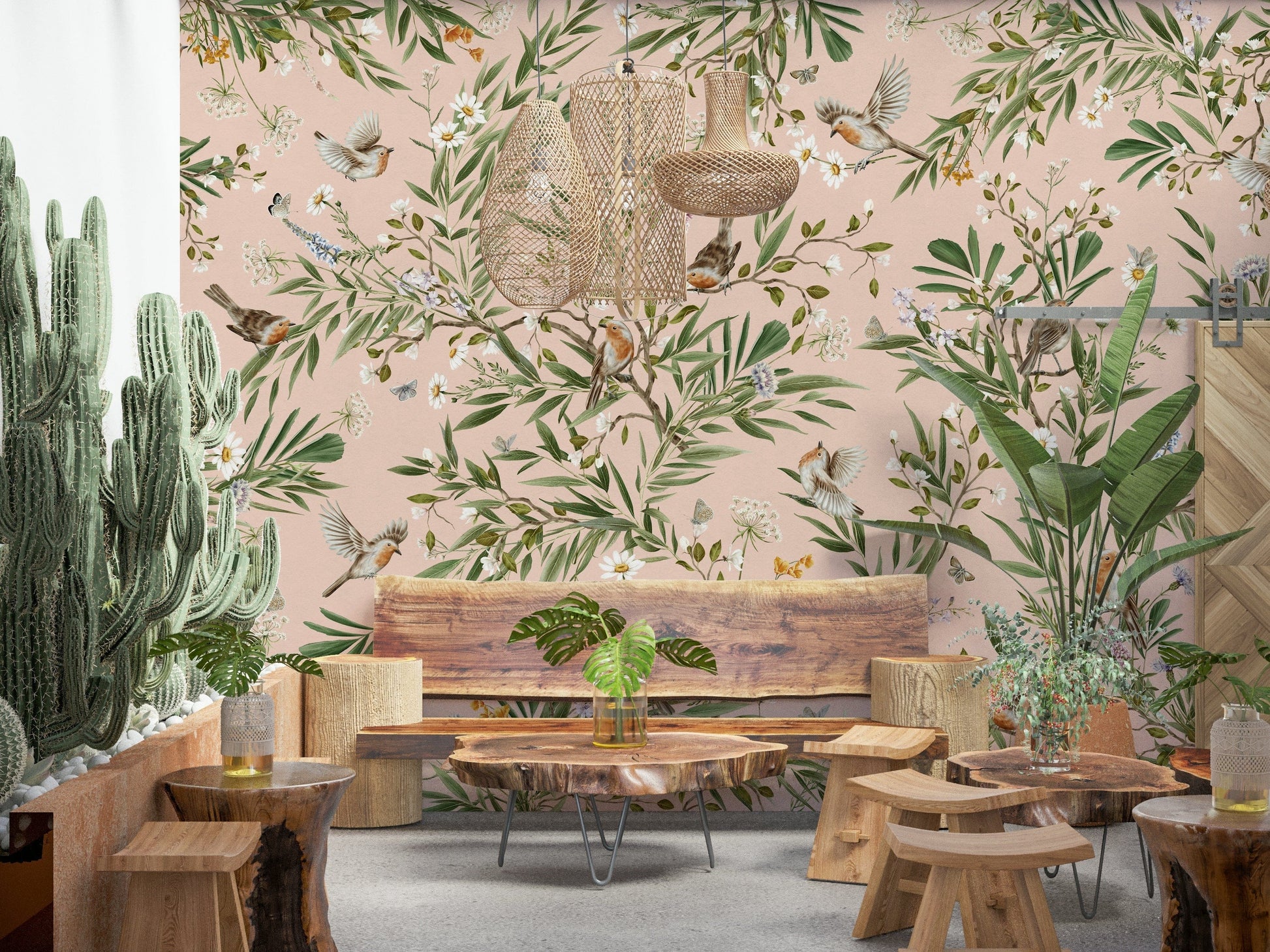 Soft pink floral mural backdrop for a nursery or kids' room reading corner