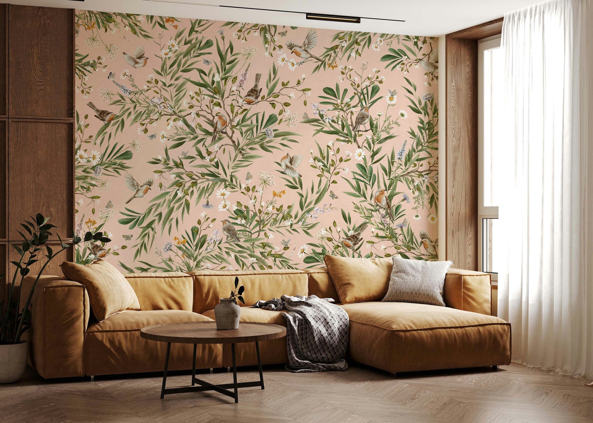 Robin's Bloom Wall Mural in soft green and cream, styled above a neutral sofa