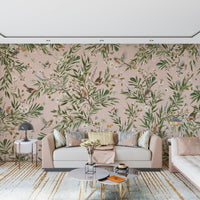 Watercolor-style blooms and robin motif mural for a bright entryway feature wall