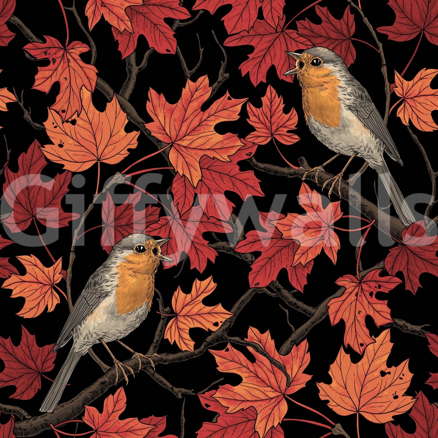 Robins in maple tree on black Wallpaper⁠