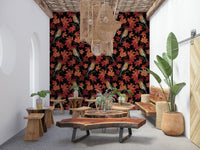 Black Background Robin and Maple Wallpaper – Decorative mural with bright robins contrasting against black with autumn leaves.