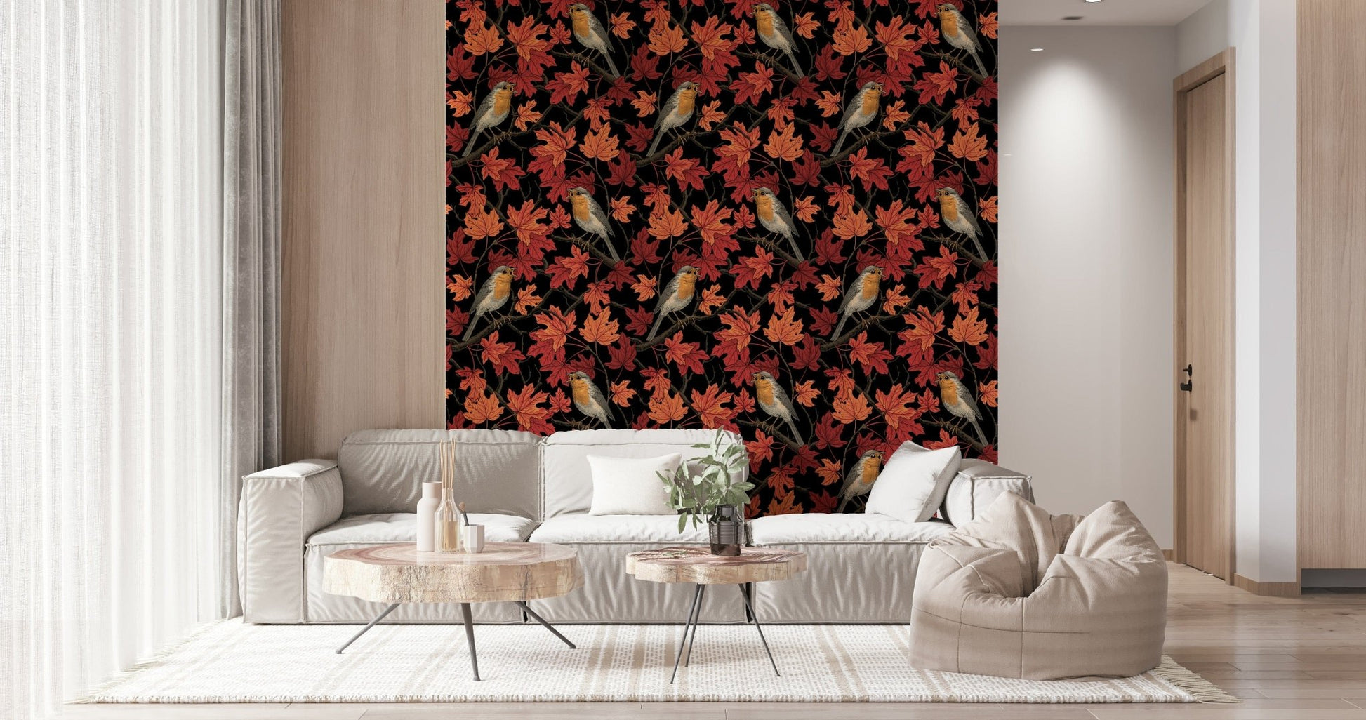 Elegant Robin and Maple Leaf Wallpaper – Dramatic, nature-inspired mural highlighting red-breasted robins in a black maple tree scene.