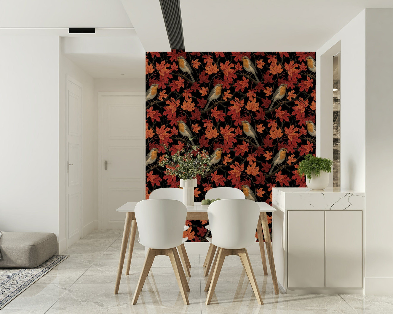 Robins in Maple Tree on Black Wallpaper – Elegant dark wallpaper featuring vibrant robins perched among fiery maple leaves.