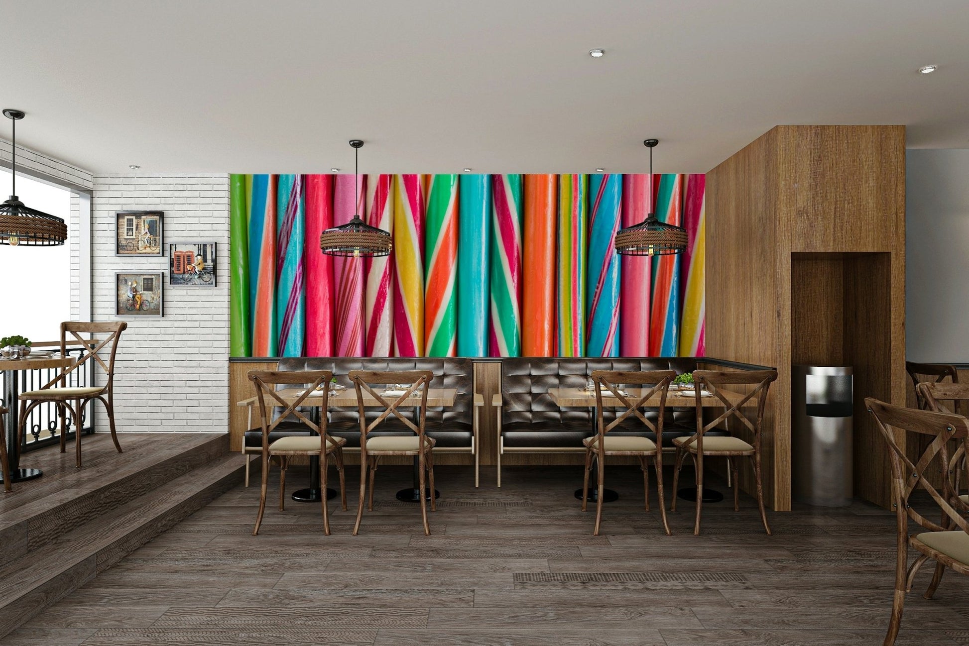 Bright candy-striped rock sweets mural for playful spaces

