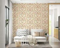 Rococo-inspired floral wallpaper with birds and botanical charm.

