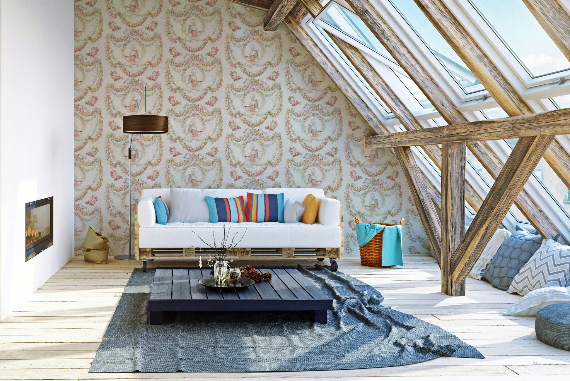 Rococo Romance design with pastel flowers and winding branches.

