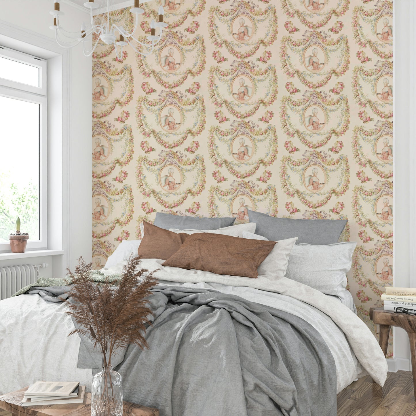 Close-up of soft watercolor roses and birds in a light floral mural.

