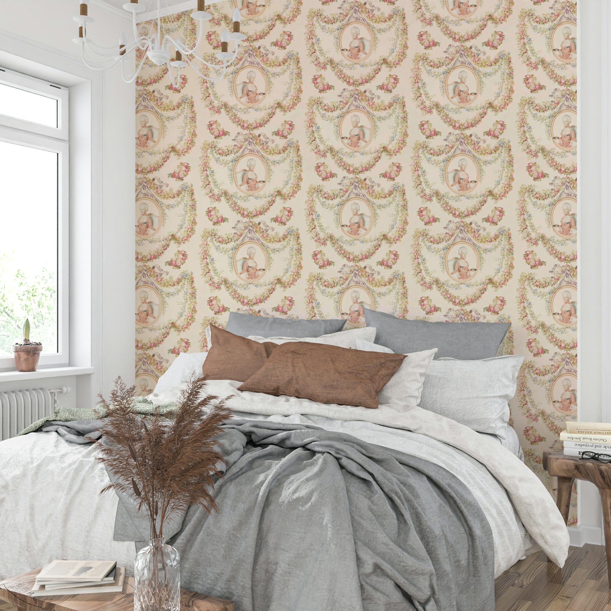 Close-up of soft watercolor roses and birds in a light floral mural.

