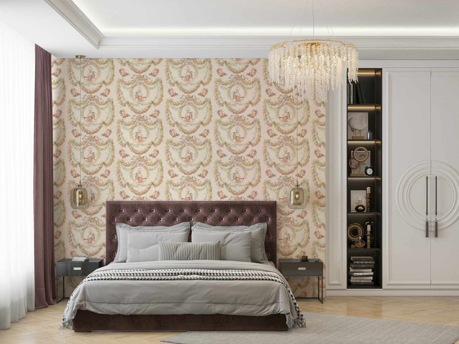 Elegant wallpaper featuring Rococo-inspired blooms and foliage.

