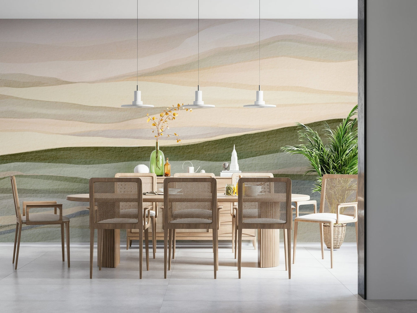 Peaceful wall covering titled Rolling Horizon with horizontal stripes of sage color.