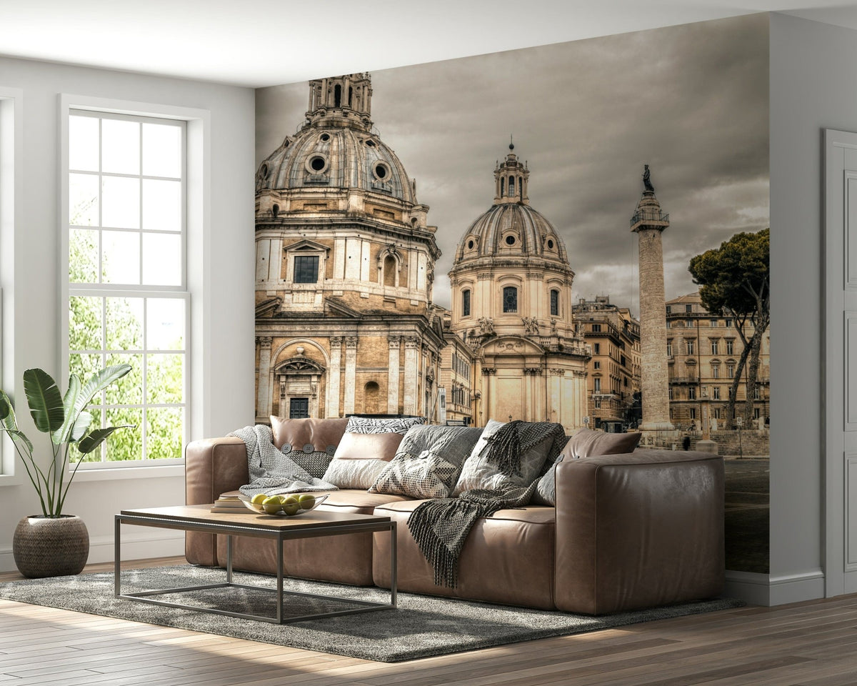 Roman Grandeur wallpaper mural of domed churches and a column under grey sky behind a brown leather sofa in a living room