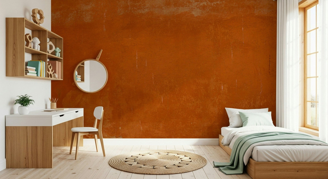 Roman Sall wall mural featuring textured burnt orange plaster finish