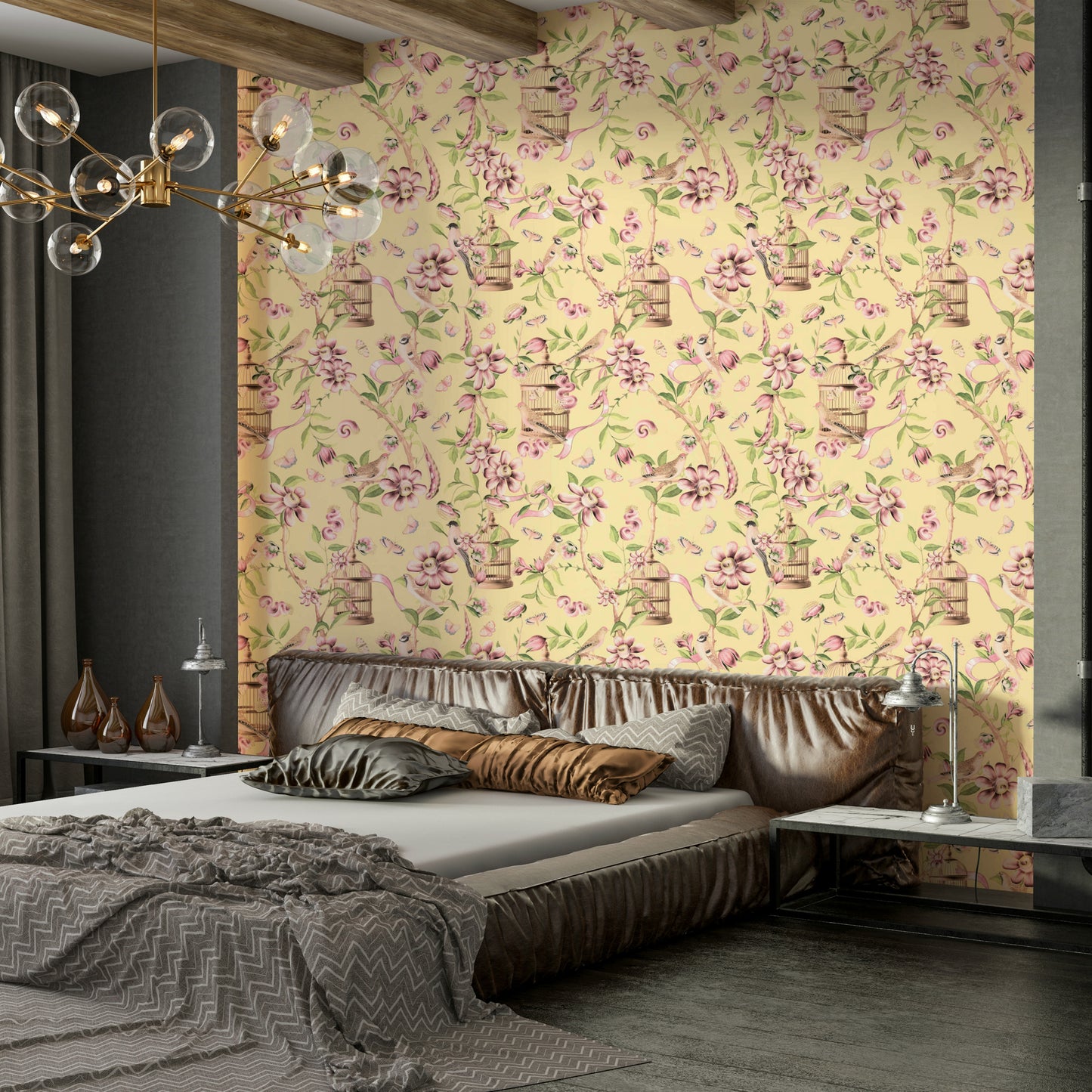 Nature-inspired chinoiserie wallpaper with a pastel color palette.


