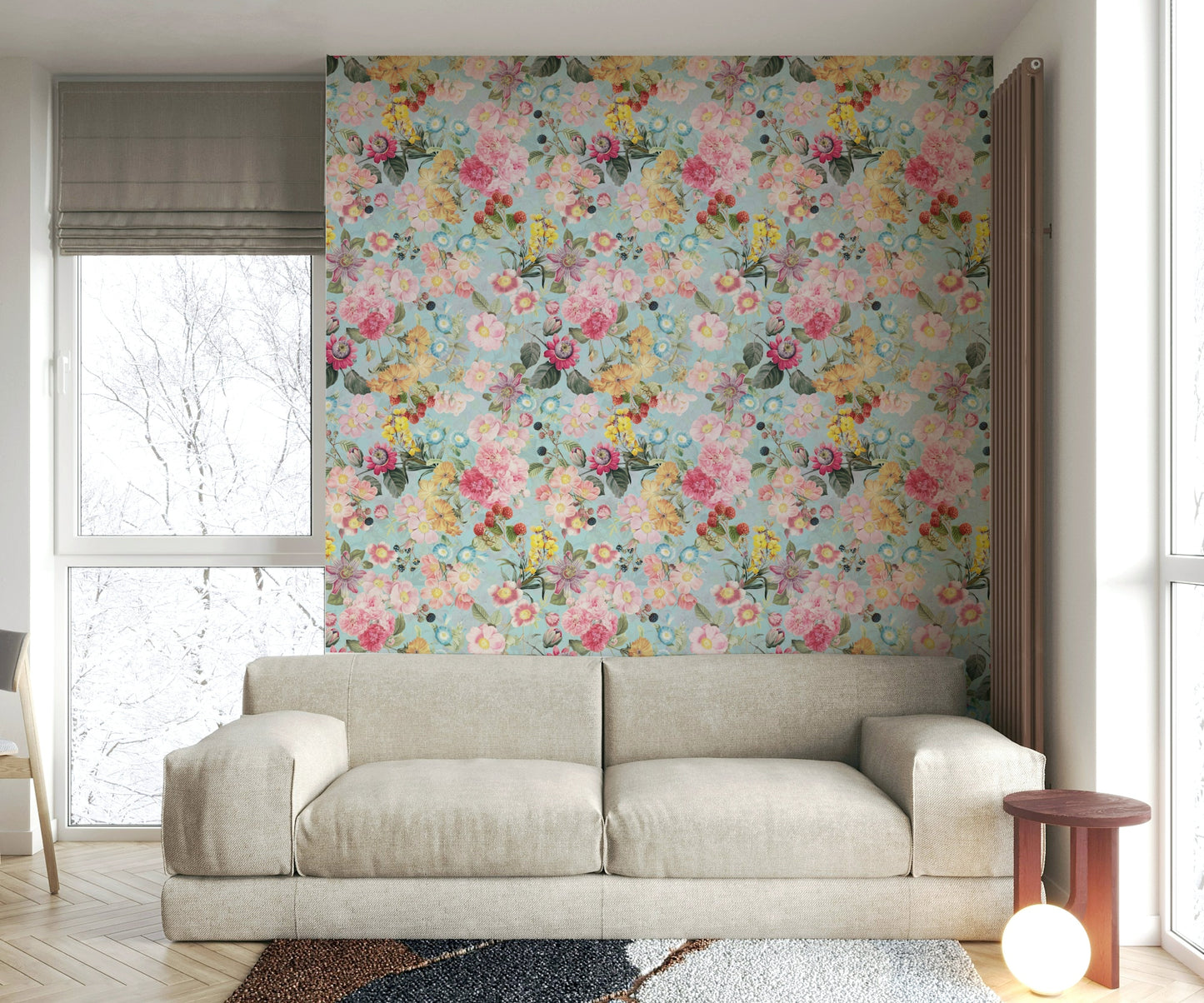 Romantic garden rhapsody mural behind bed

