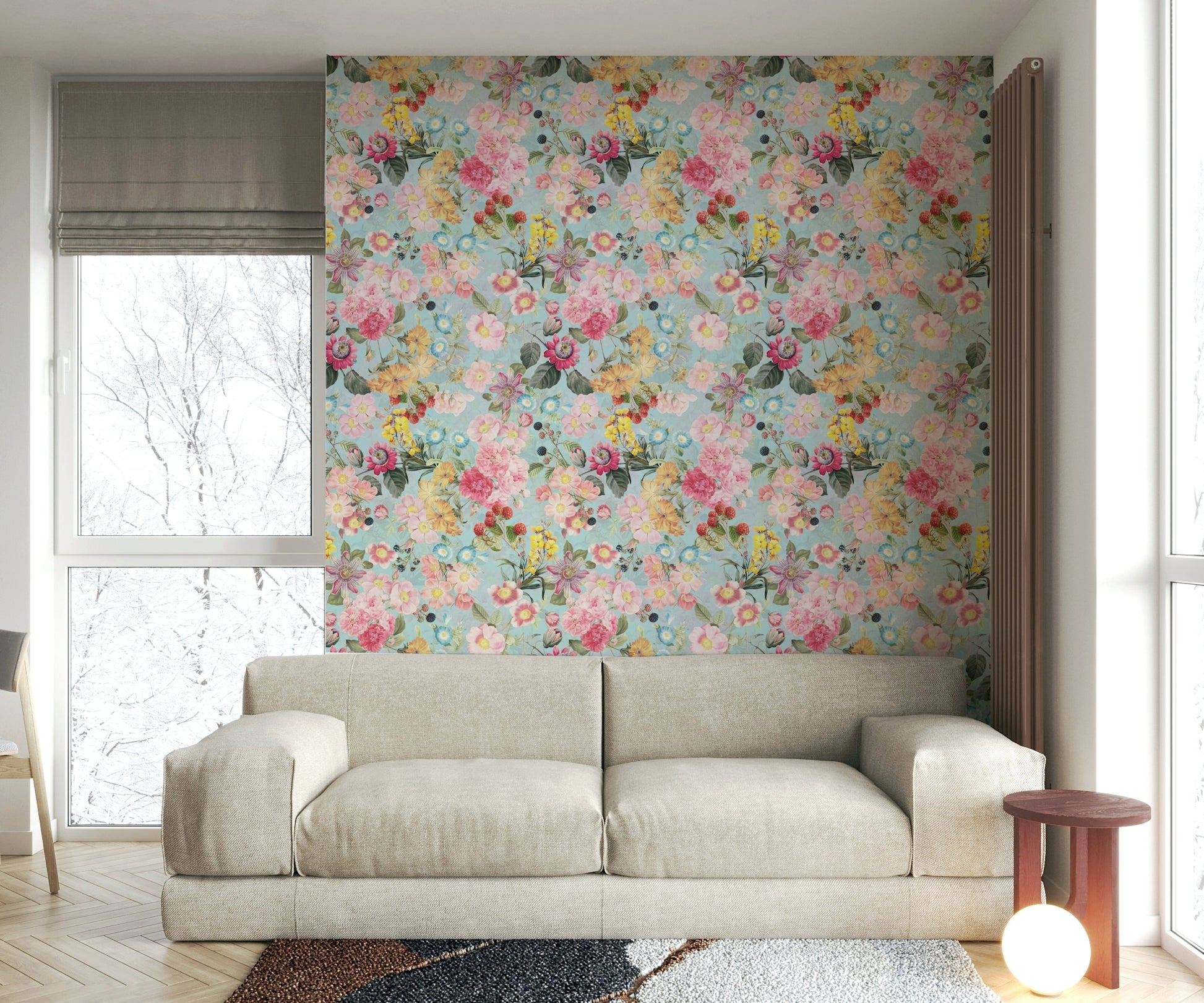Romantic garden rhapsody mural behind bed

