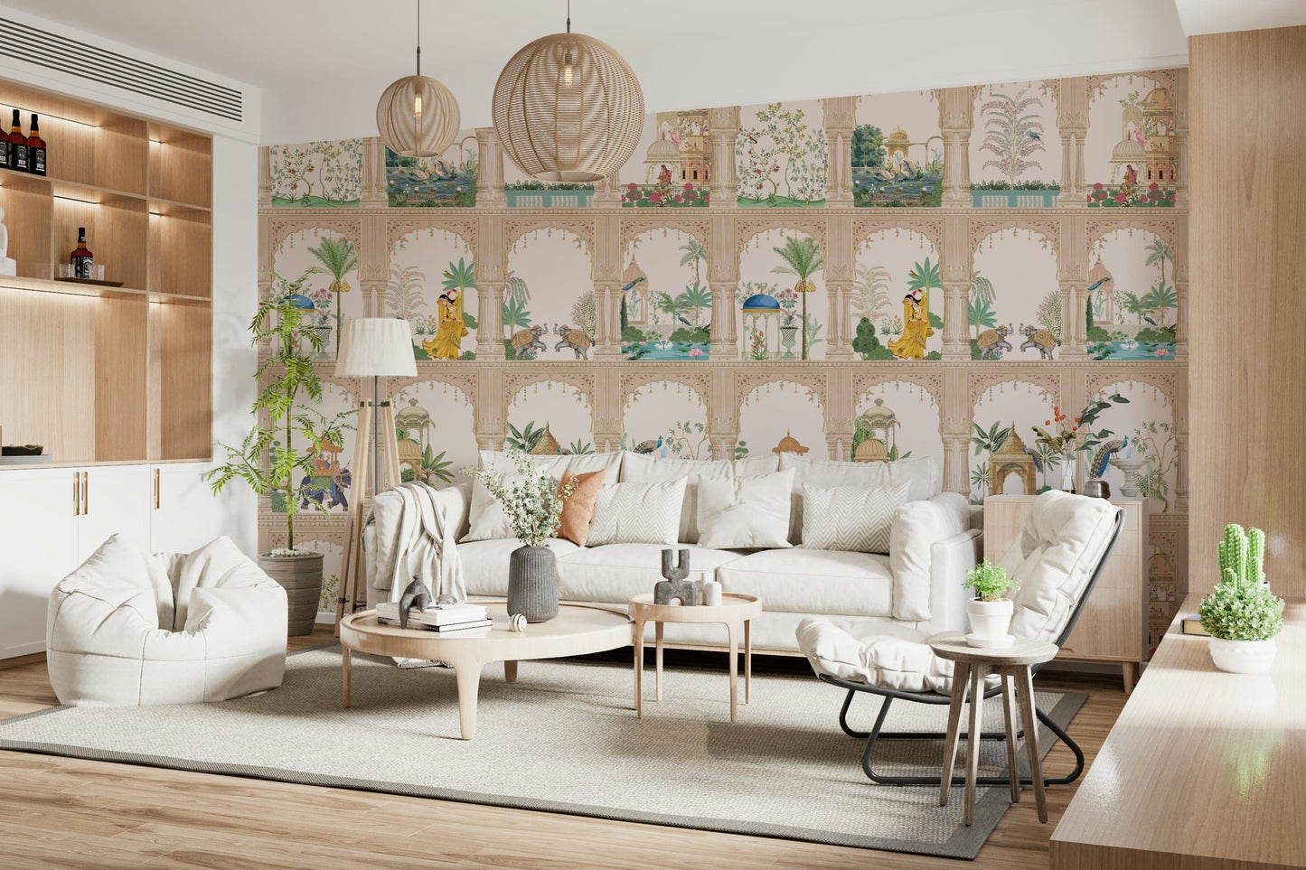 Warm-toned architectural mural for an apartment feature wall with modern furniture.