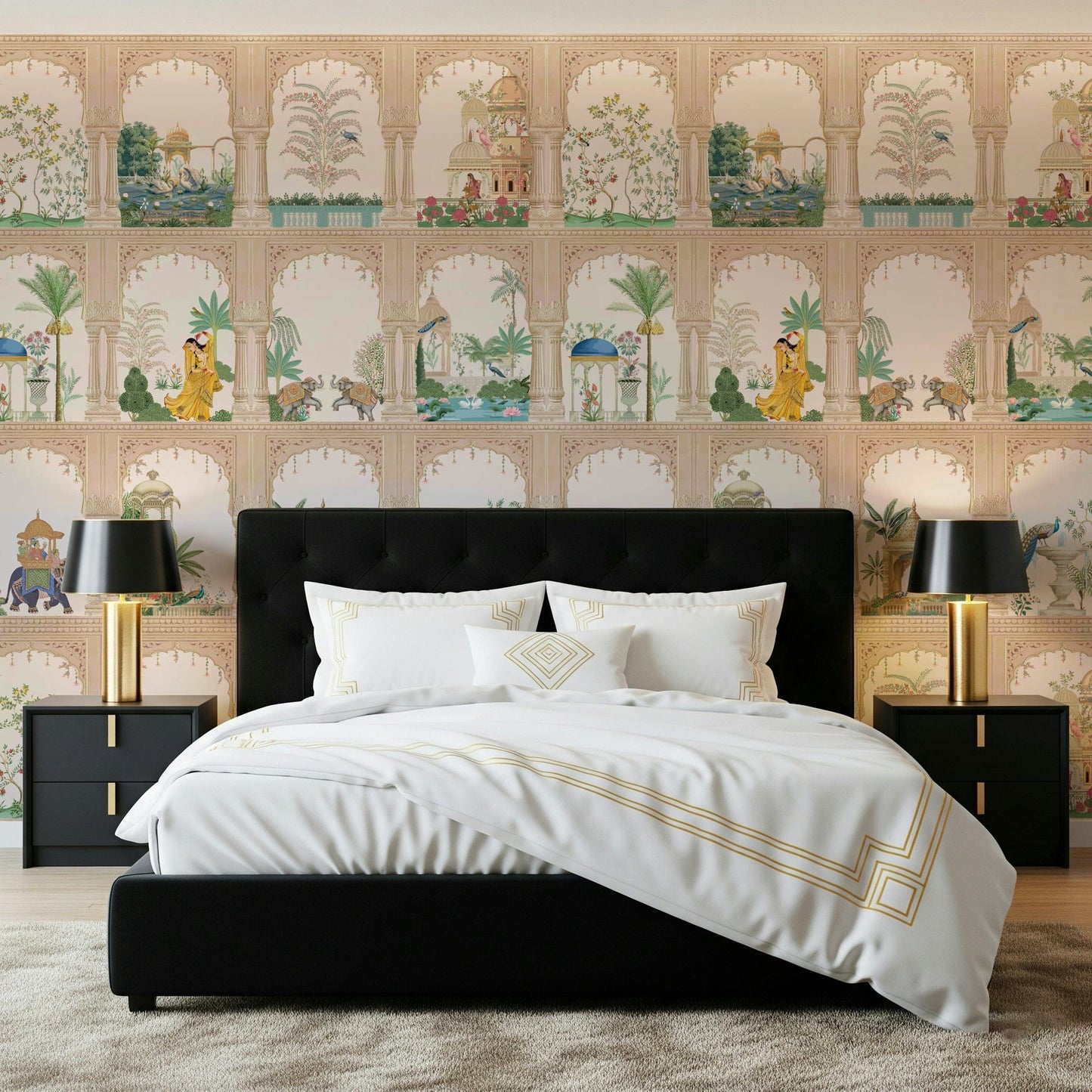 Intricate archway wallpaper for a neutral apartment bedroom accent wall.