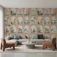 Indian Palace View Wall Mural featuring golden arches in a modern living room.