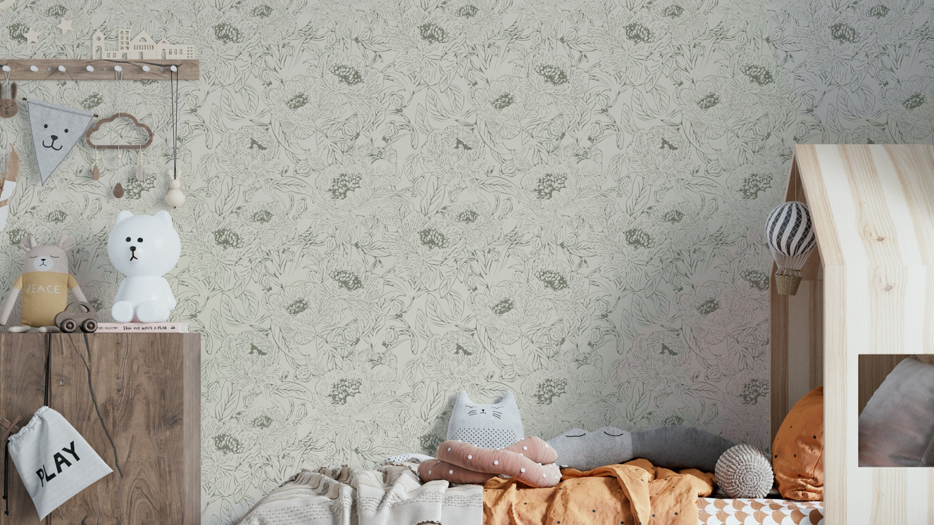 Green wallpaper with peony line art design

