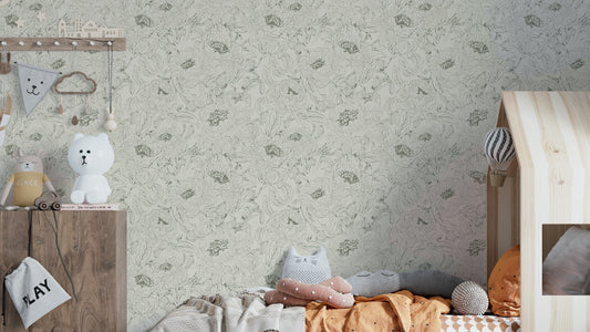 Green wallpaper with peony line art design

