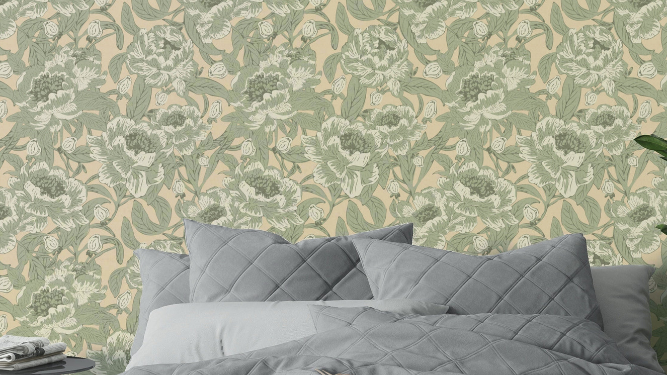 Sage green wallpaper with romantic peonies

