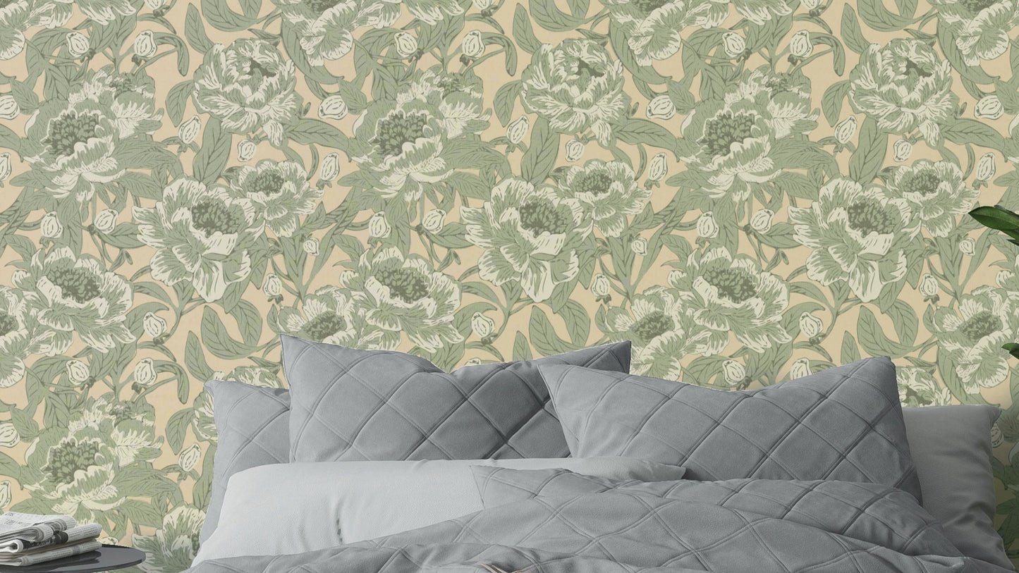 Sage green wallpaper with romantic peonies

