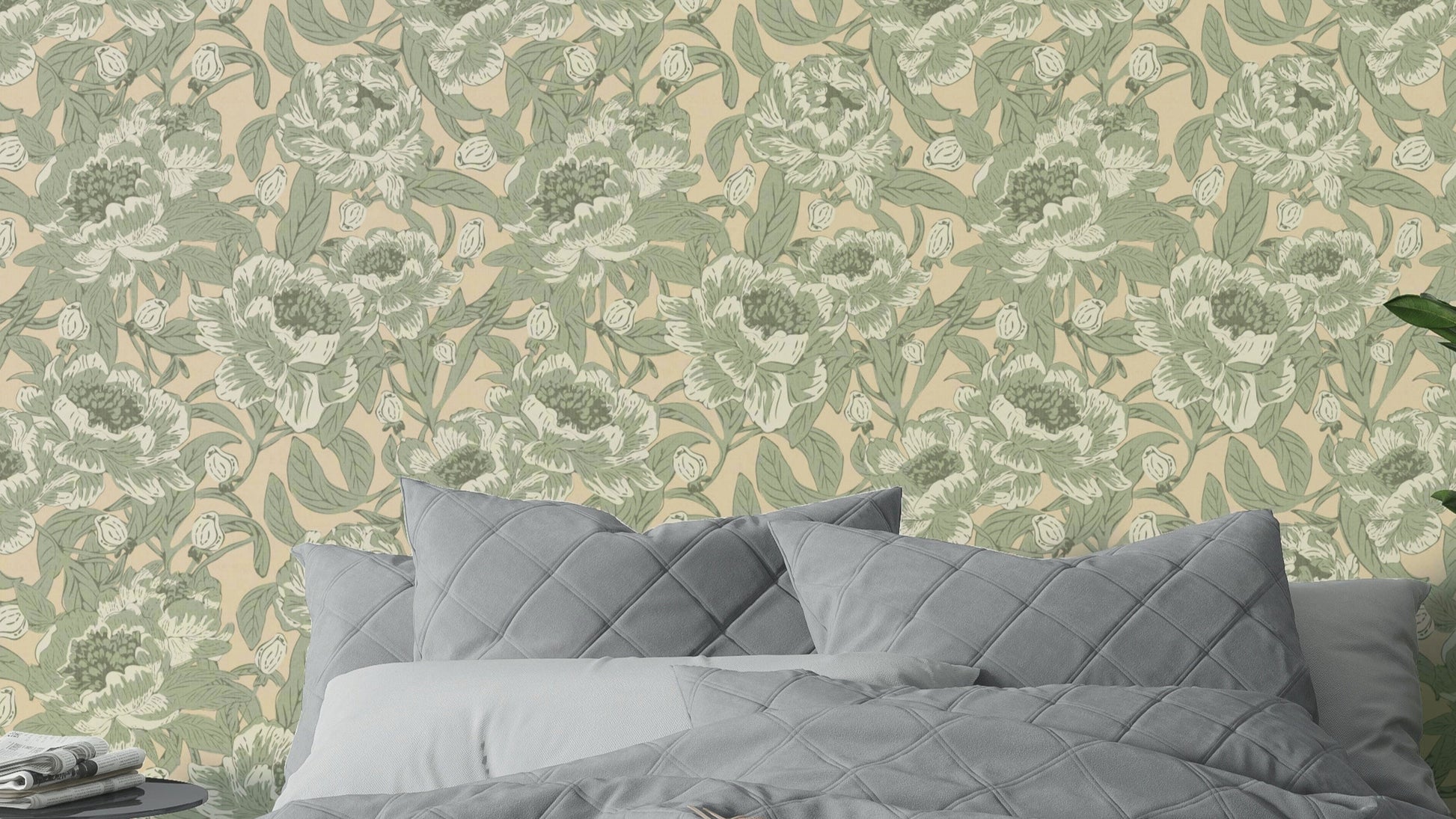 Sage green wallpaper with romantic peonies

