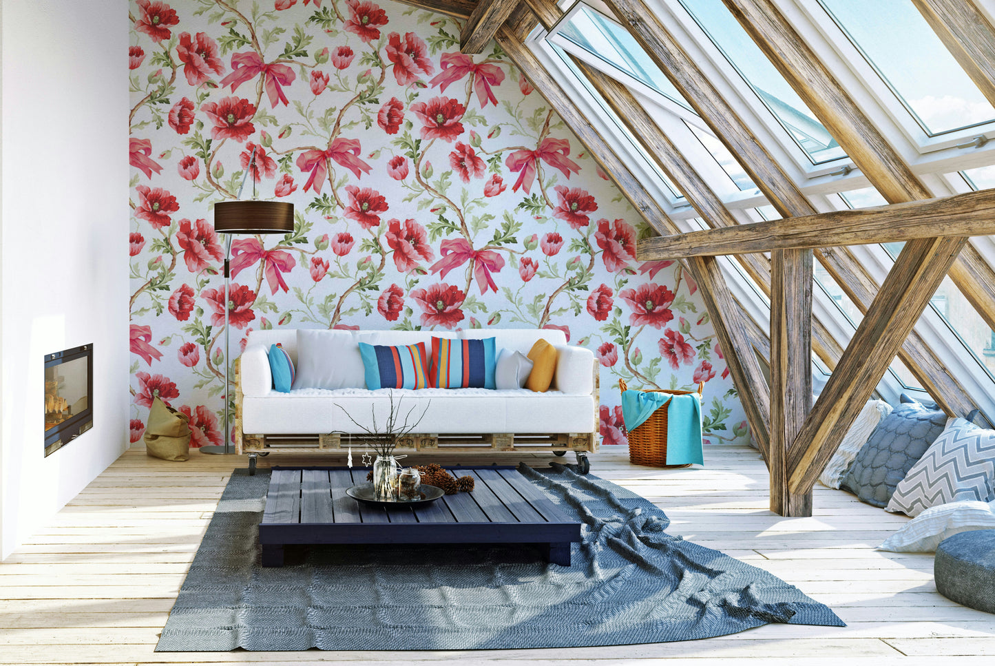 Preppy-style wall mural with crimson flowers and lush greenery.

