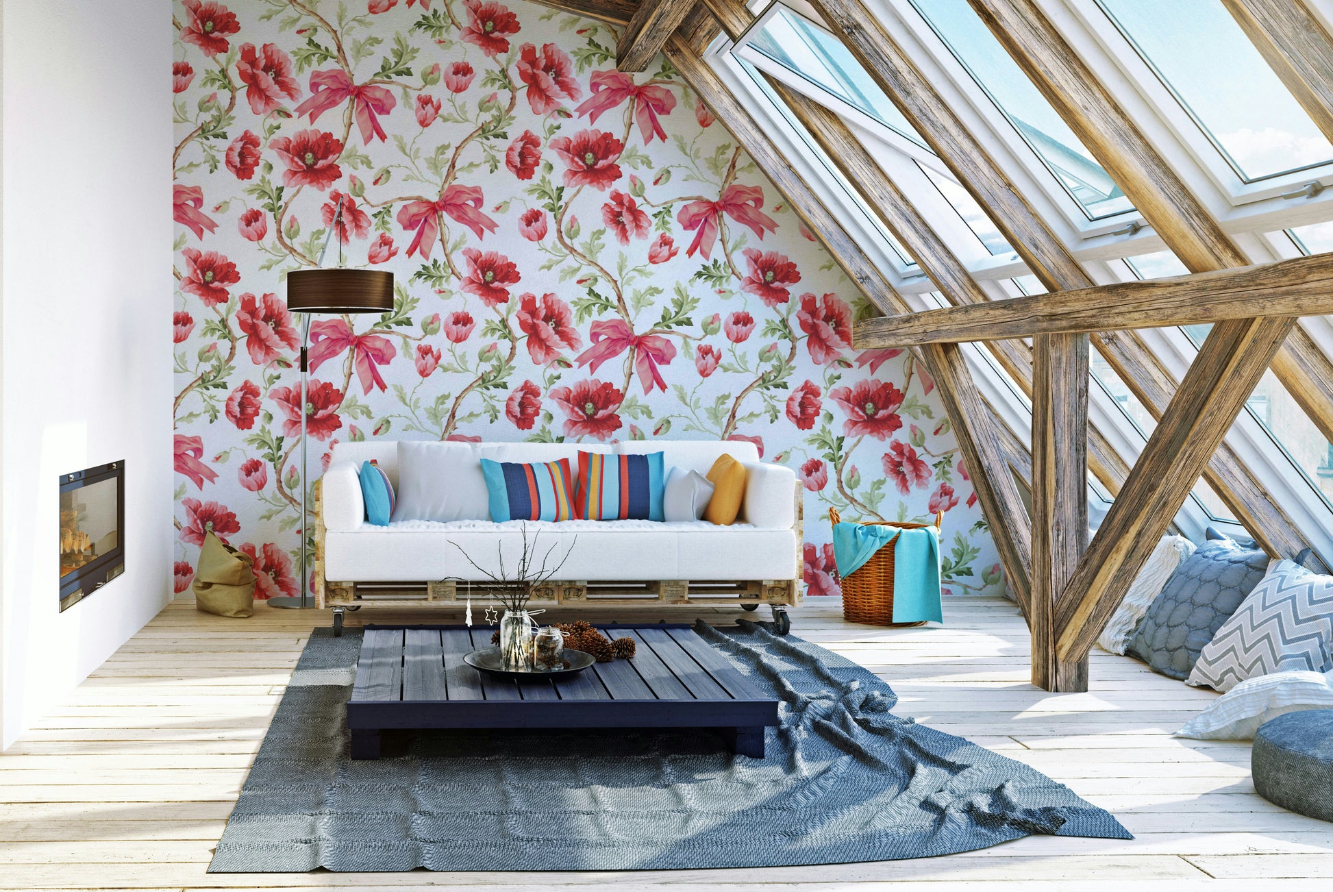 Preppy-style wall mural with crimson flowers and lush greenery.

