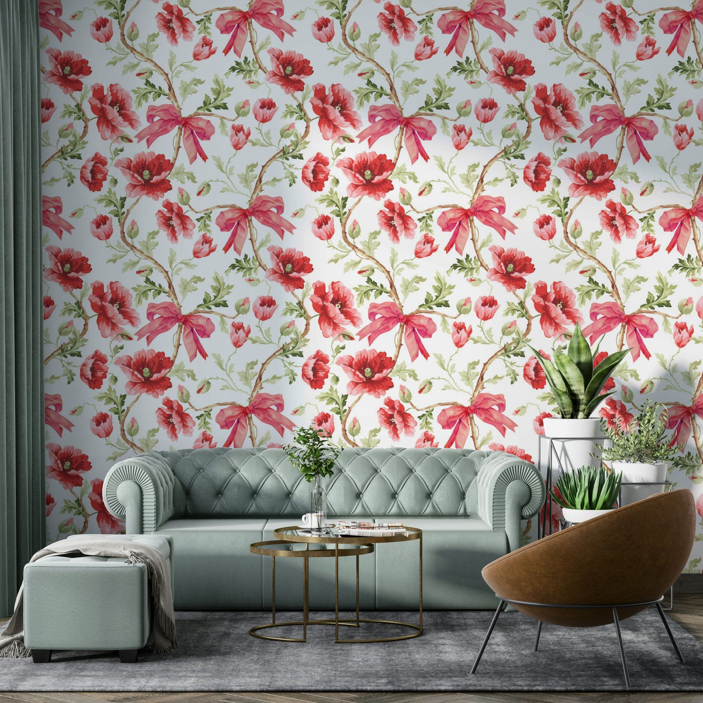 Watercolor floral mural featuring ribbons and soft blue background.

