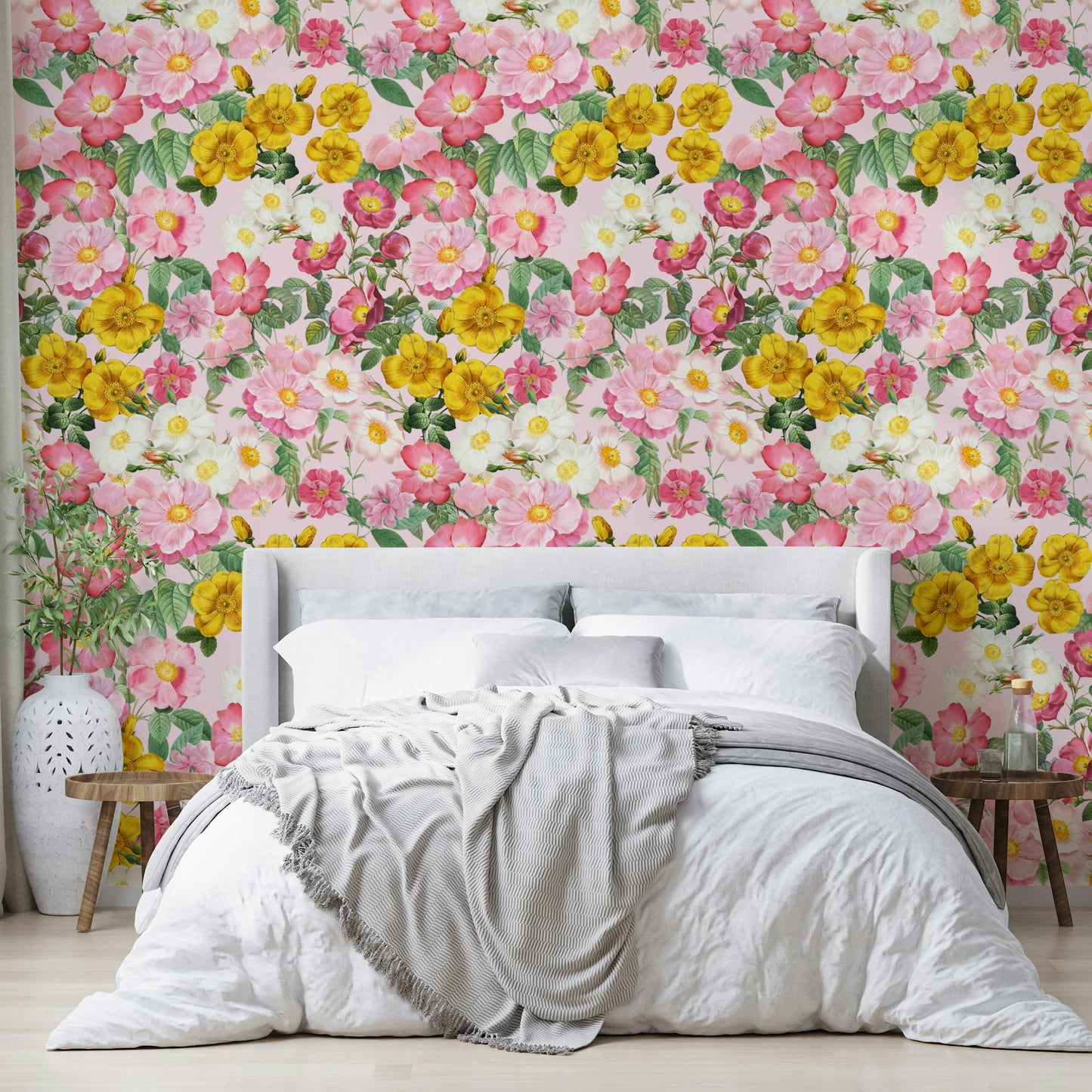 Delicate floral mural with soft blush roses

