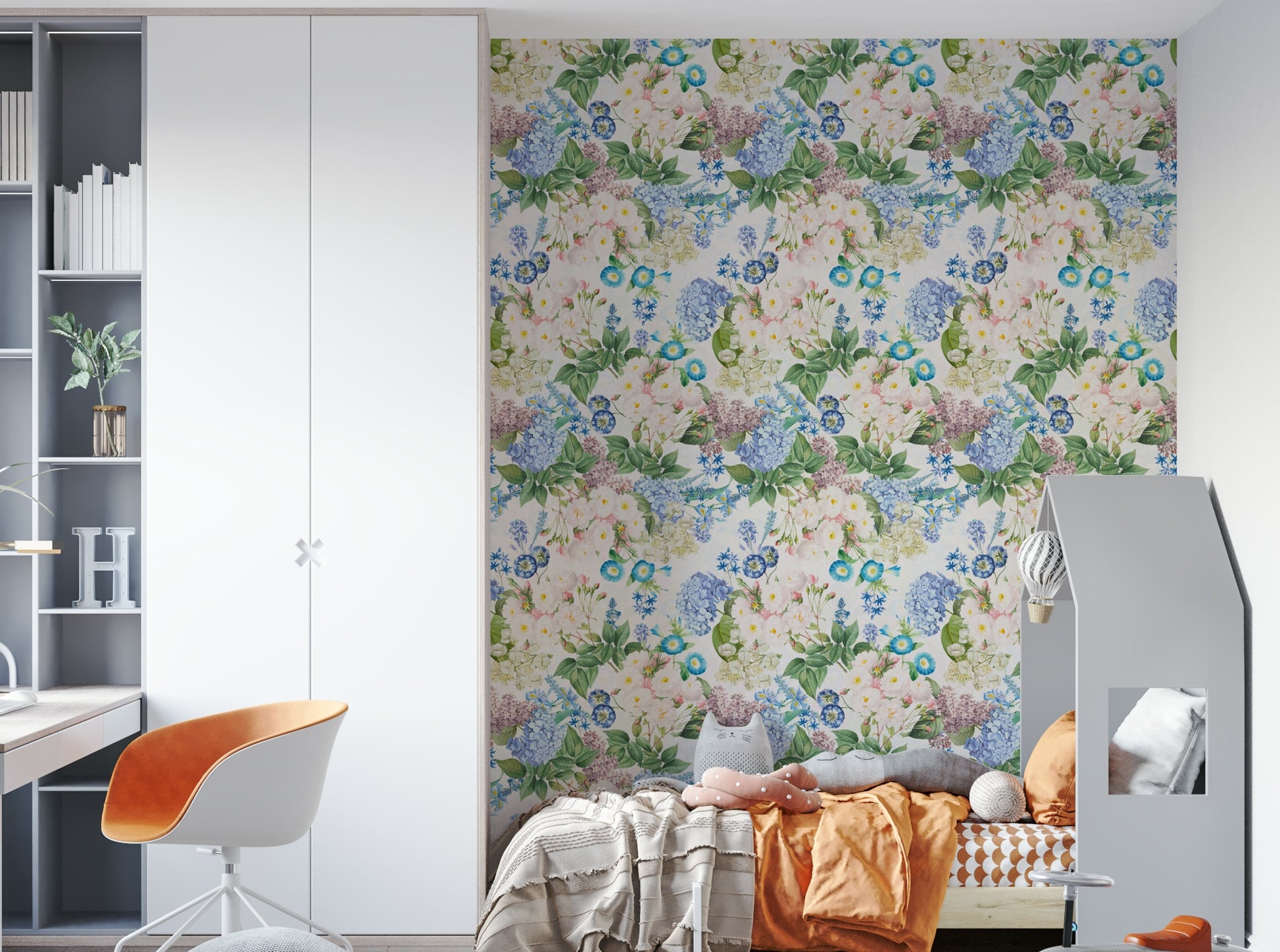 Romantic rose and hydrangea mural behind bed

