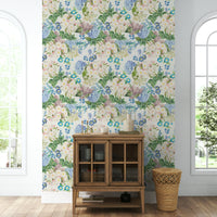 Timeless rose and hydrangea wallpaper design

