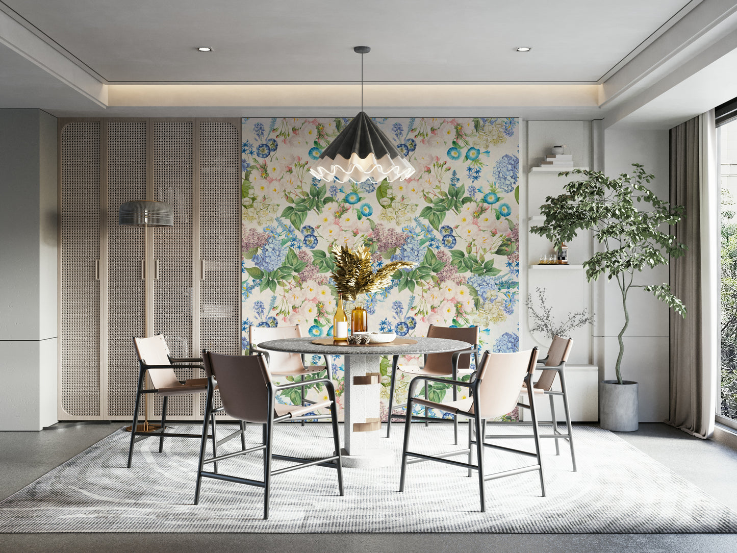 Gentle floral wallpaper featuring roses and hydrangeas

