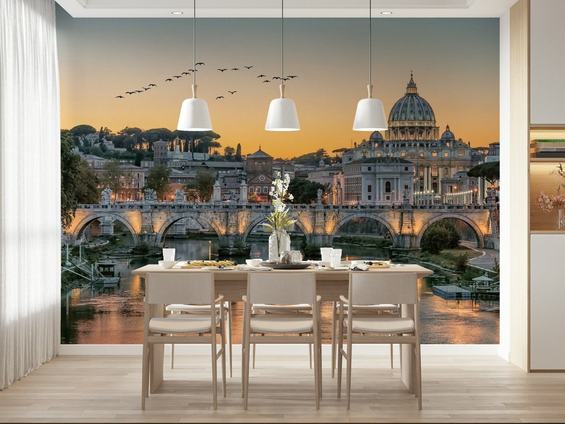 Professional office wall decor featuring historic city photography at sunset.