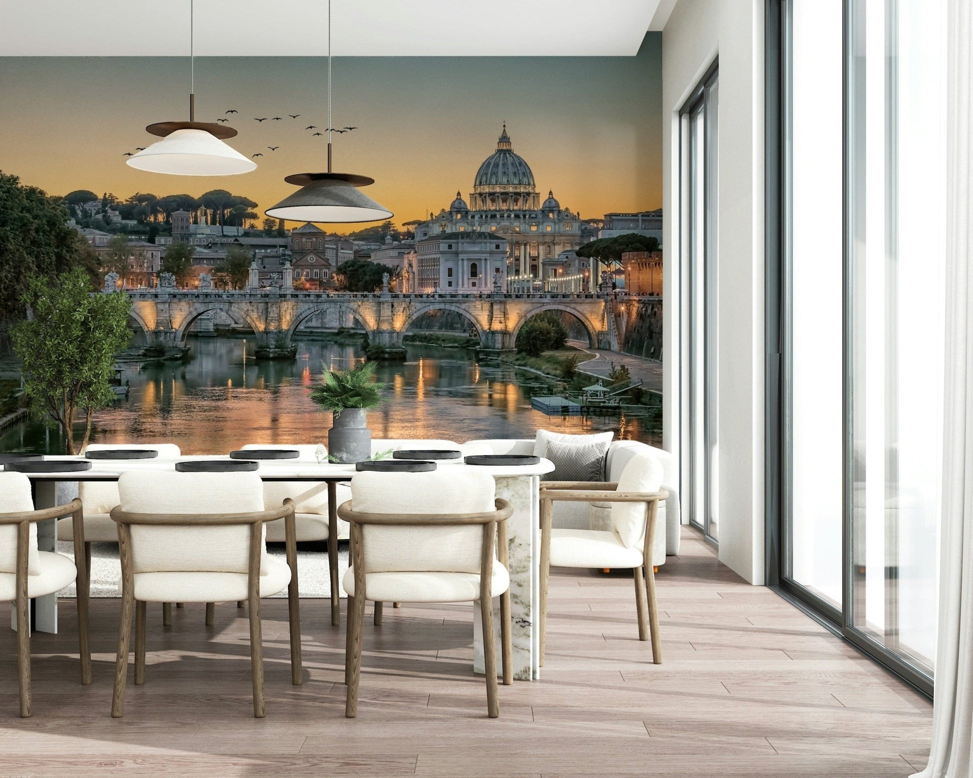 Italian urban landscape wall decor behind a dark wood office desk.