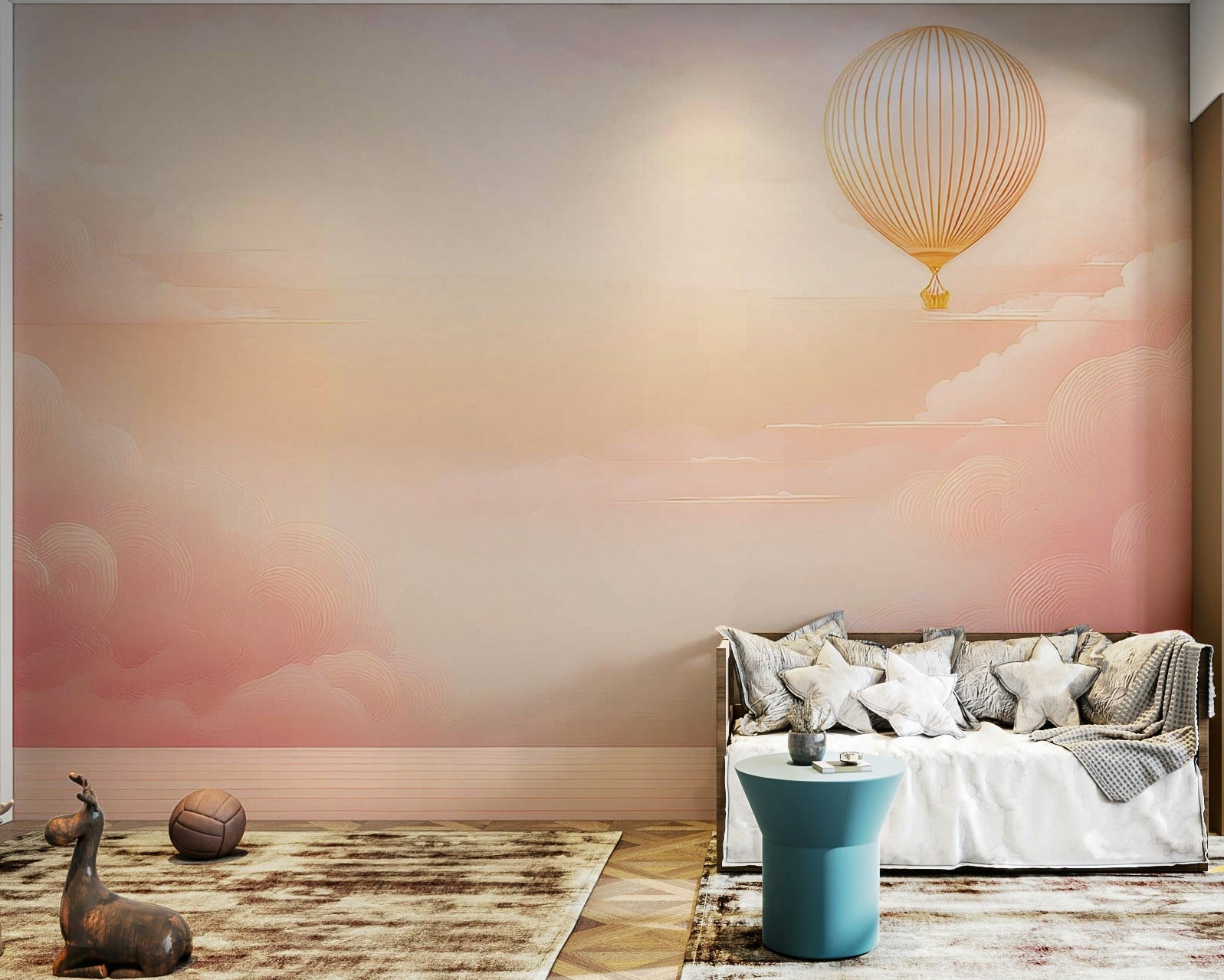 Rose Blush Sky Wall Mural in a modern apartment bedroom with soft white linens.