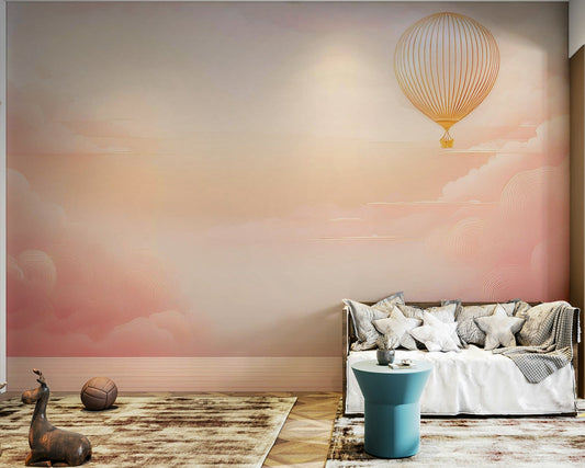 Rose Blush Sky Wall Mural in a modern apartment bedroom with soft white linens.
