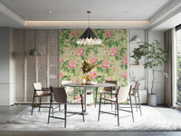 Lush floral wallpaper with vibrant roses and lush green foliage.

