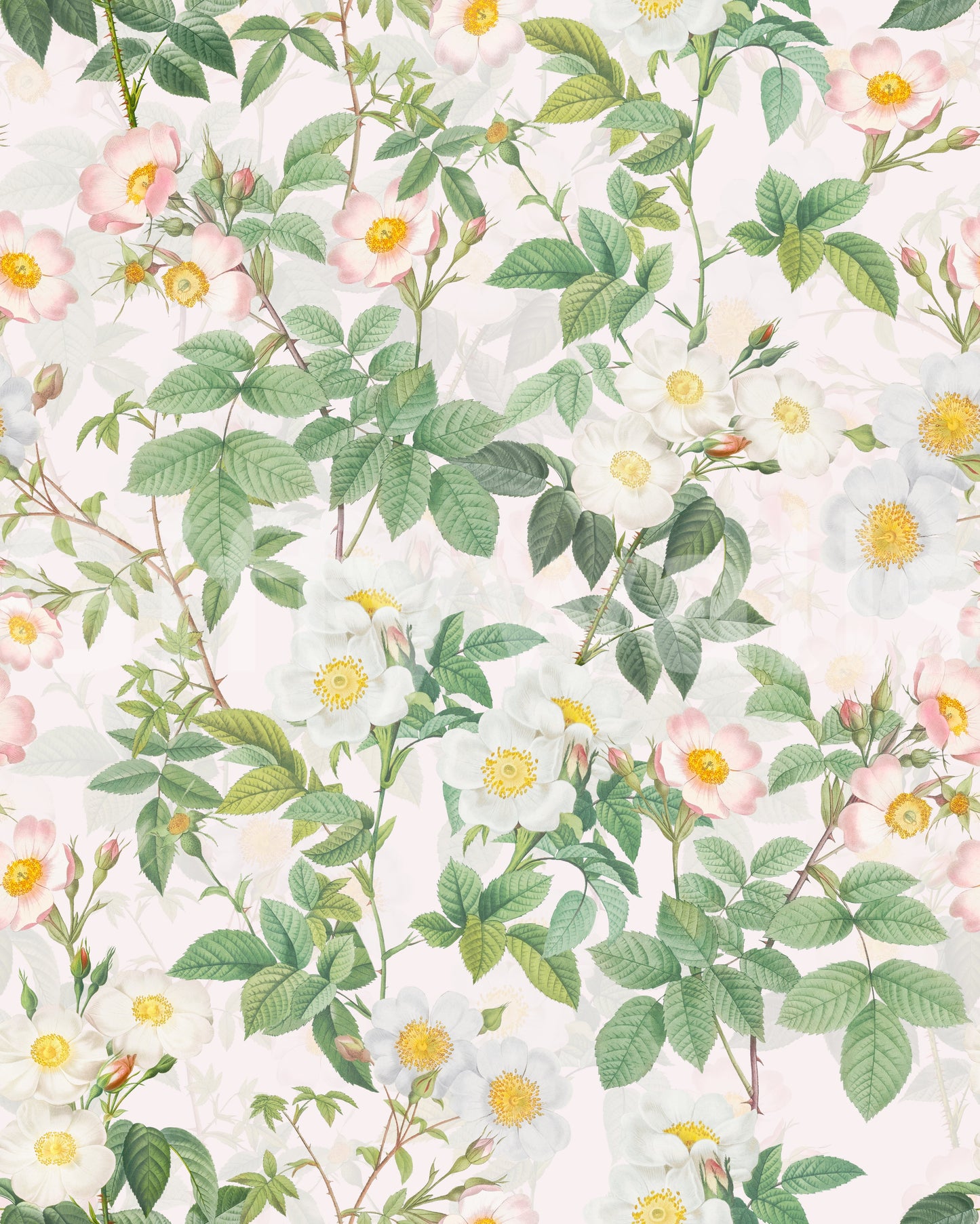 Soft floral wallpaper with lush garden elements

