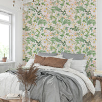 Delicate rose and green leaf wallpaper for peaceful spaces

