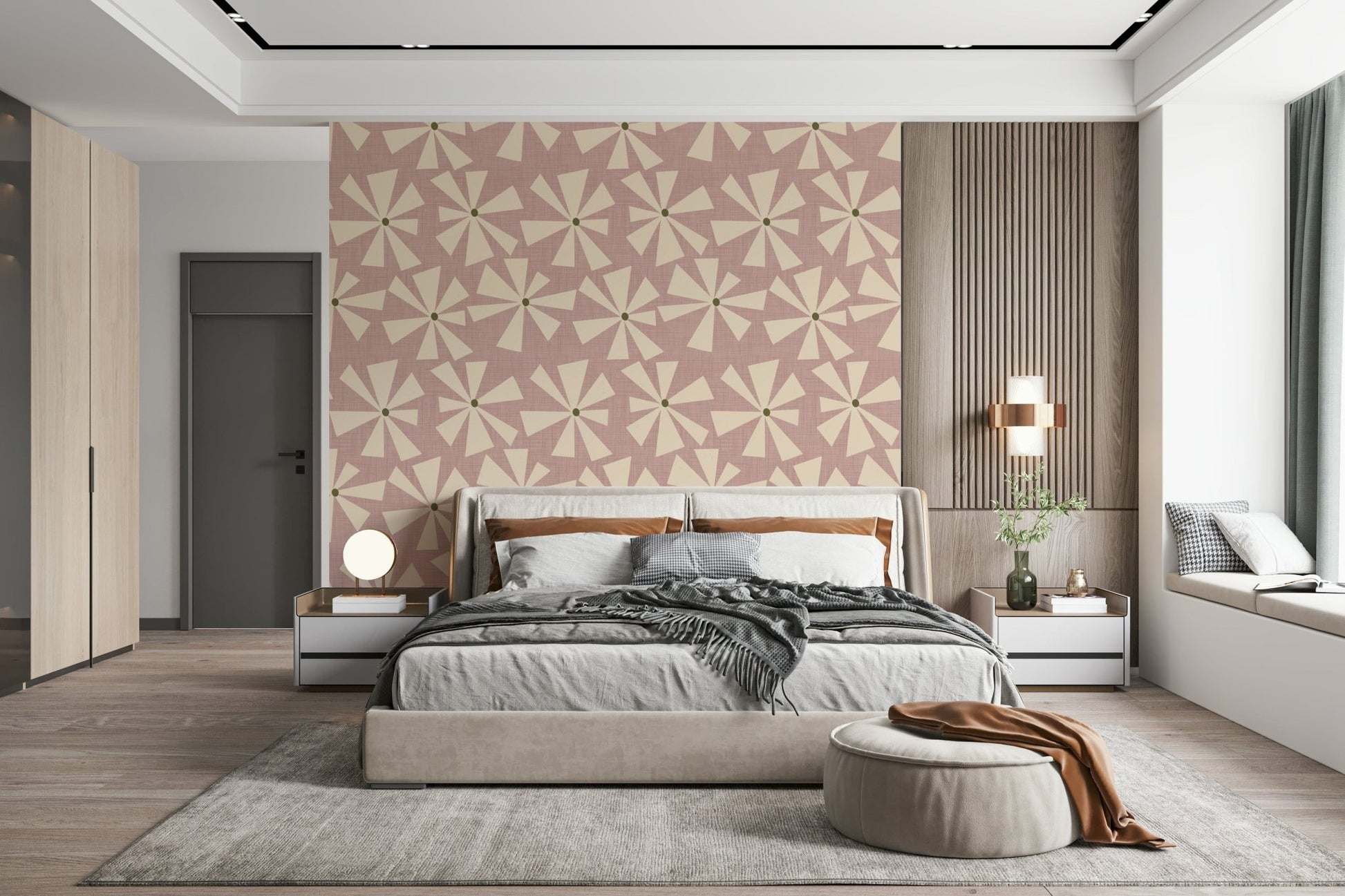 Mid-century inspired wallpaper with abstract pinwheel flowers in cream against a soft pink backdrop.