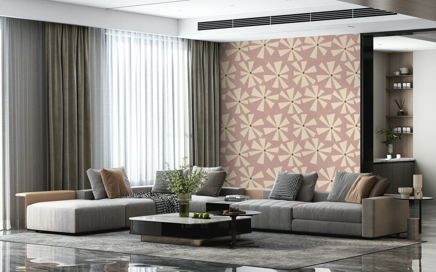 Soft geometric wallpaper with starburst floral motifs in cream and rose hues.