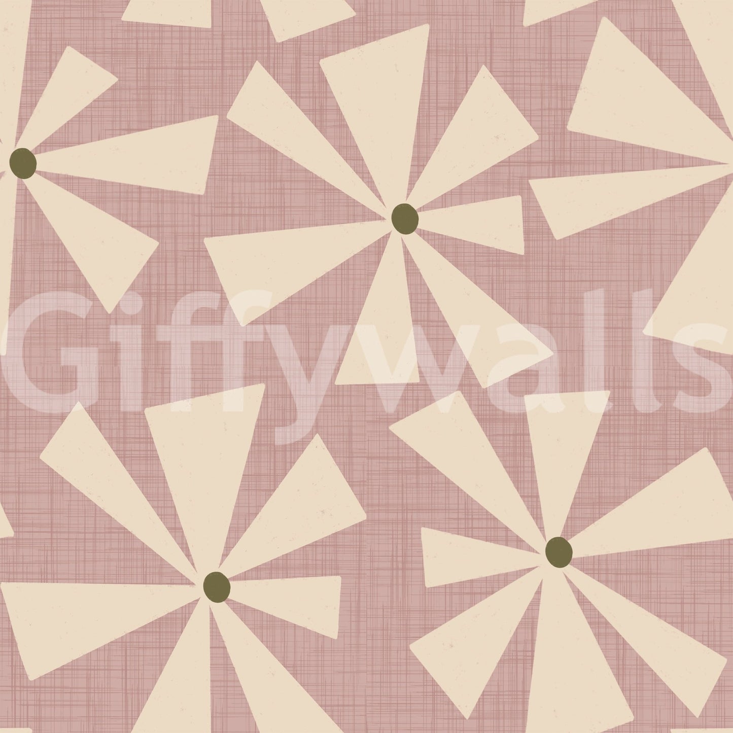 Vintage floral burst wallpaper blending star-like cream petals with a muted pink tone.