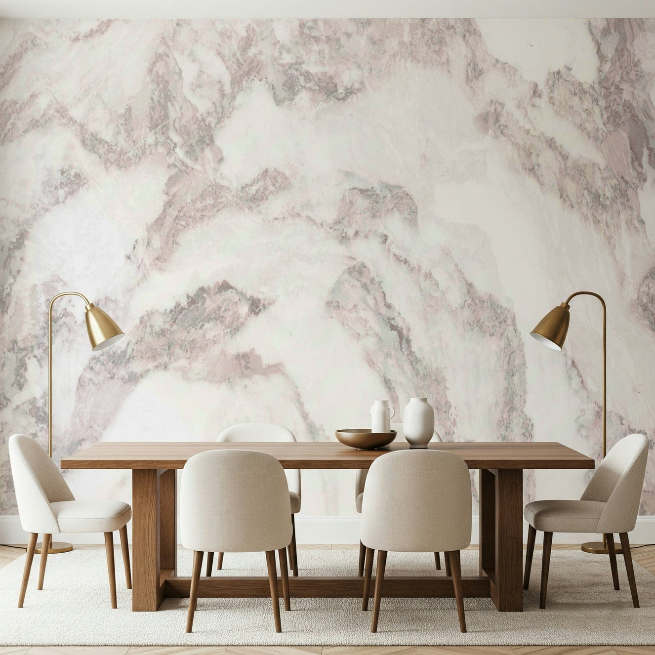 Decorative wallpaper mural blending soft rose tones and natural marble veining for stylish living spaces.