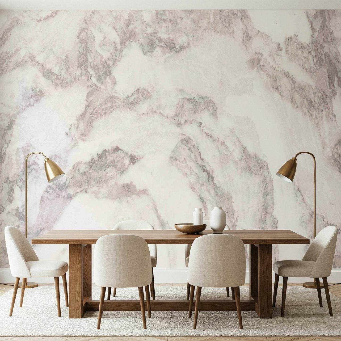 Decorative wallpaper mural blending soft rose tones and natural marble veining for stylish living spaces.