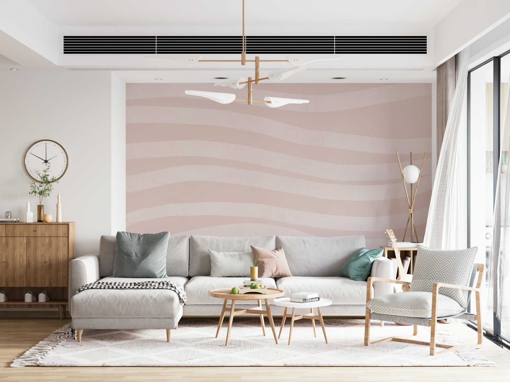 A calming abstract design wallpaper mural that defines a space.