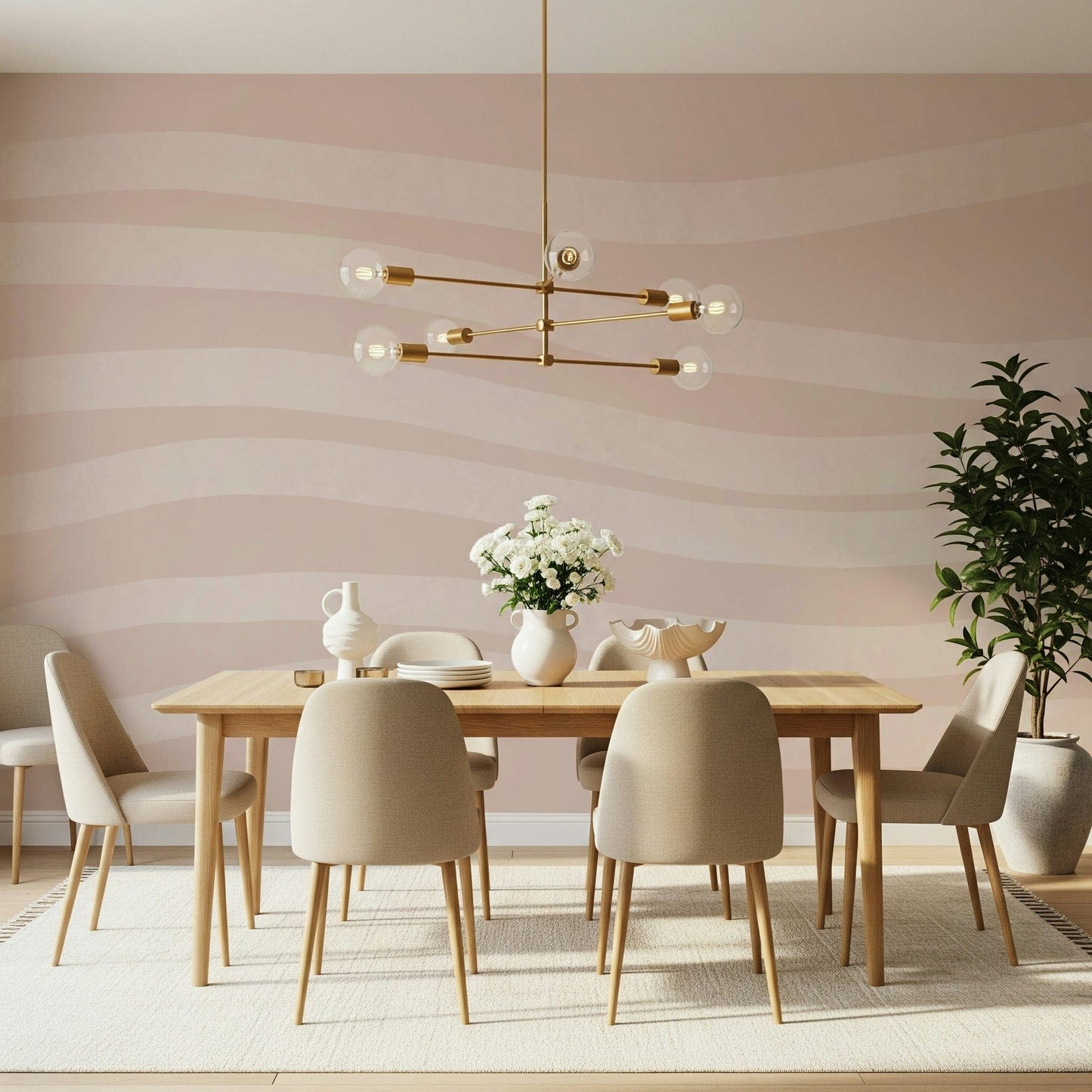 A beautiful rose quartz wave wallpaper mural with abstract, fluid patterns.