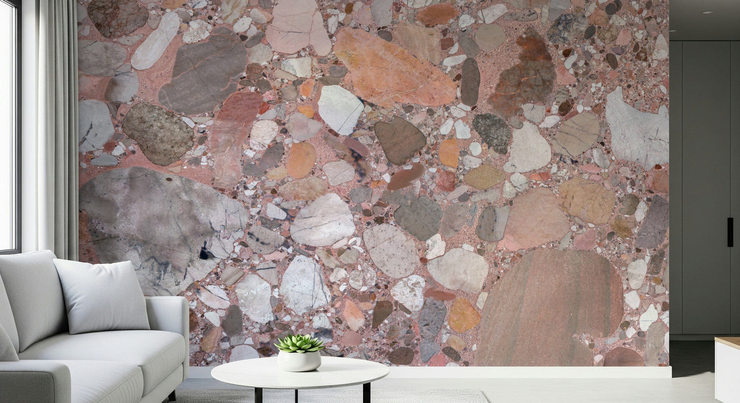 Refreshing Rose Blush Terrazzo Tile mural wall covering subtle gentle pastel hues.