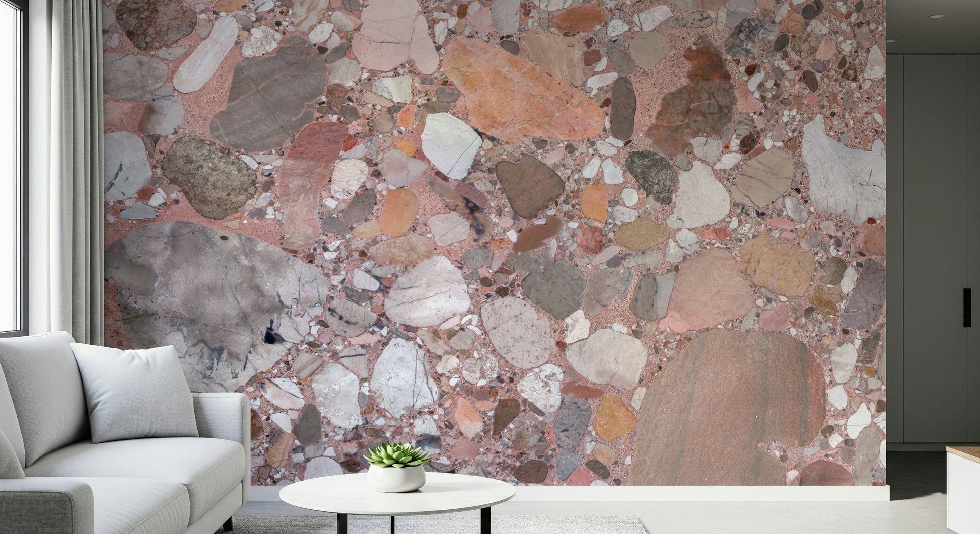 Refreshing Rose Blush Terrazzo Tile mural wall covering subtle gentle pastel hues.